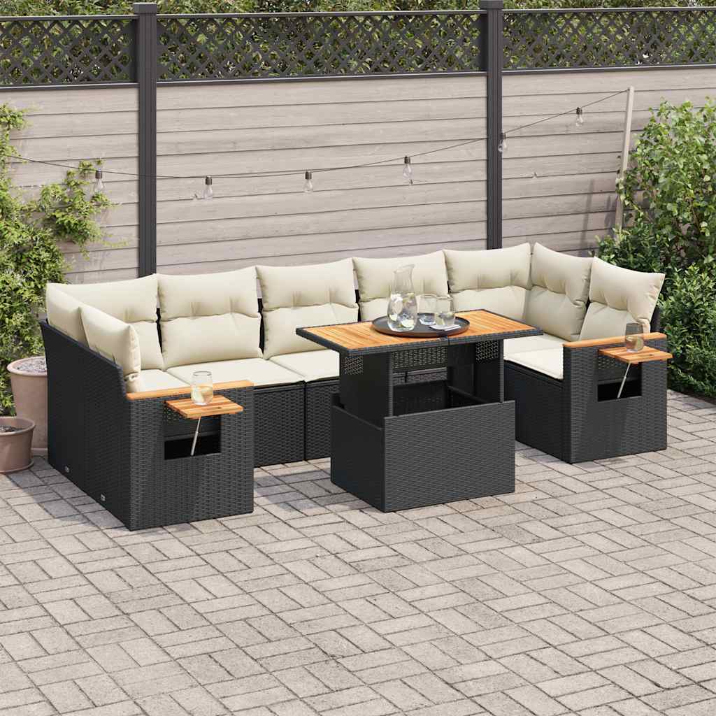 Set Divani da Giardino con Cuscini 8 pz Nero Polyrattan Acacia