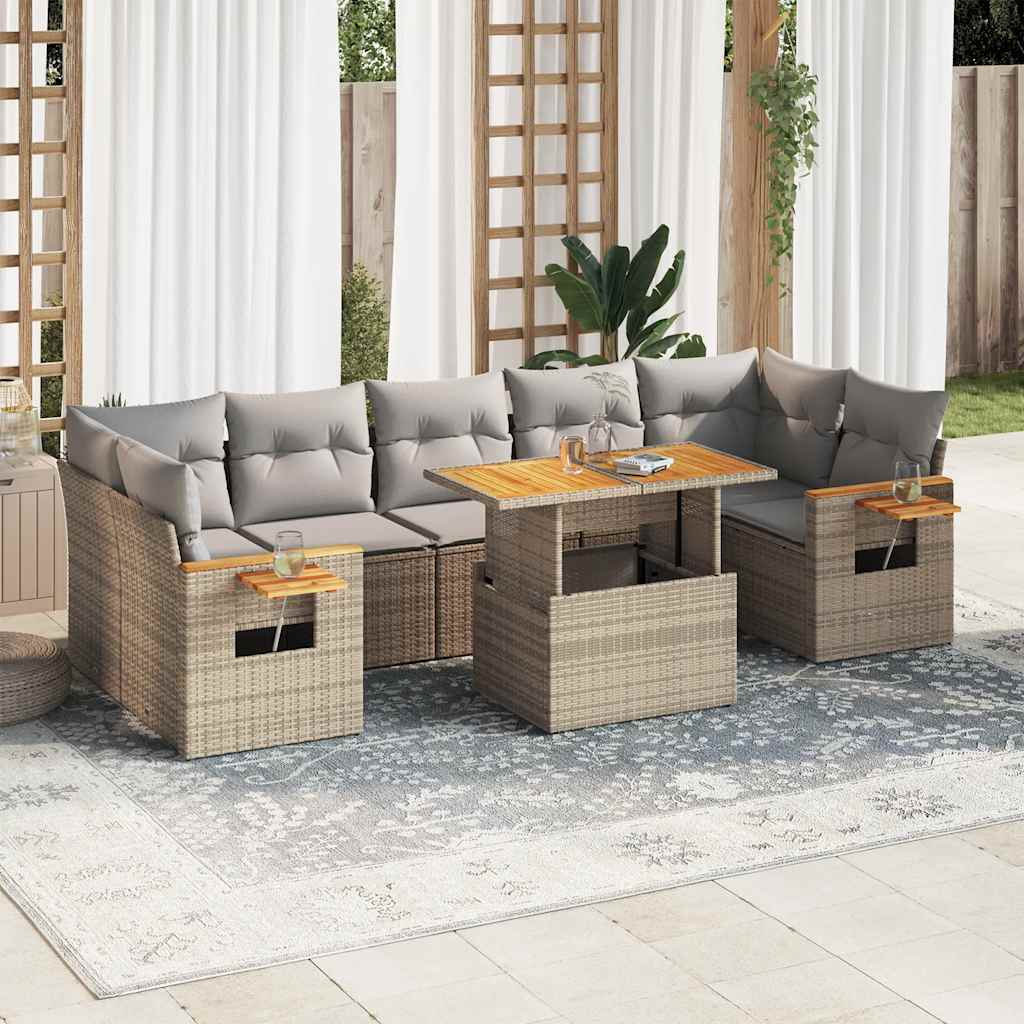 Set Divano da Giardino 8 pz con Cuscini Beige Polyrattan Acacia