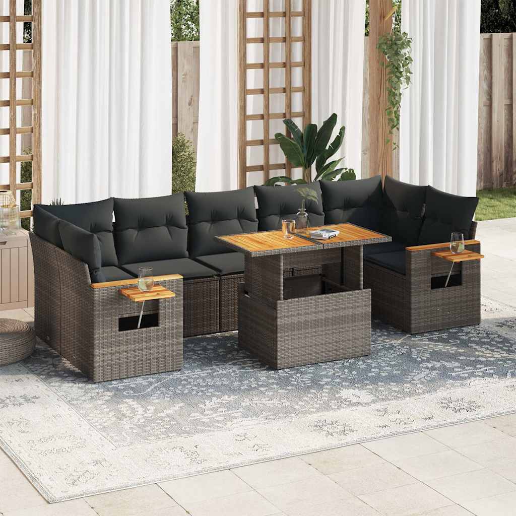 Set Divano da Giardino 8pz con Cuscini Grigio Polyrattan Acacia