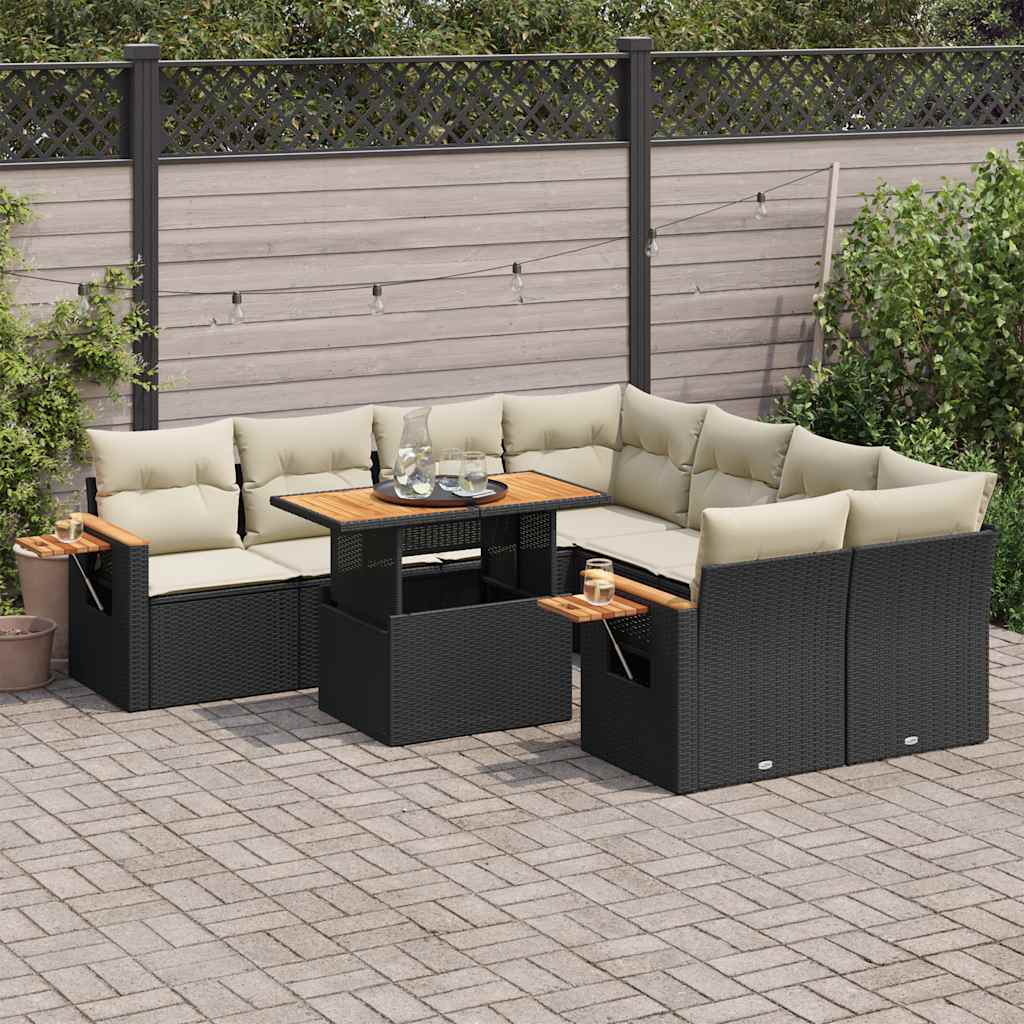 Set Divani da Giardino 9 pz con Cuscini Nero Polyrattan Acacia