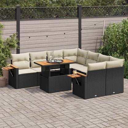 Set Divani da Giardino 9 pz con Cuscini Nero Polyrattan Acacia