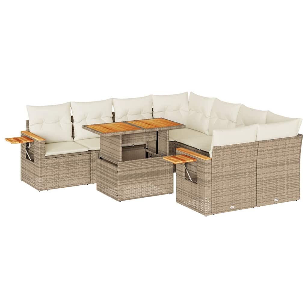 Set Divano da Giardino 9 pz con Cuscini Beige Polyrattan Acacia