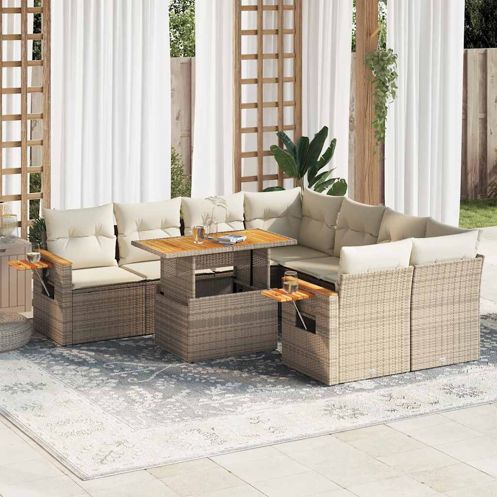 Set Divano da Giardino 9 pz con Cuscini Beige Polyrattan Acacia