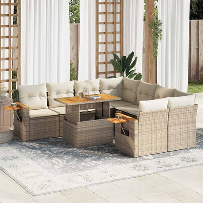 Set Divano da Giardino 9 pz con Cuscini Beige Polyrattan Acacia
