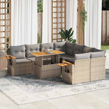 Set Divano da Giardino 9 pz con Cuscini Beige Polyrattan Acacia