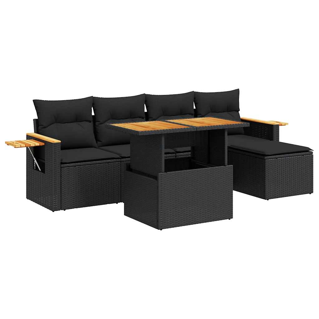 Set Divano da Giardino 6 pz con Cuscini Nero Polyrattan Acacia