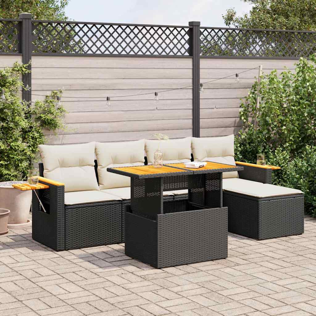 Set Divano da Giardino 6 pz con Cuscini Nero Polyrattan Acacia