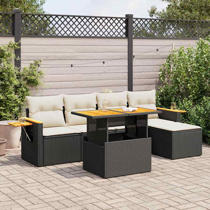 Set Divano da Giardino 6 pz con Cuscini Nero Polyrattan Acacia