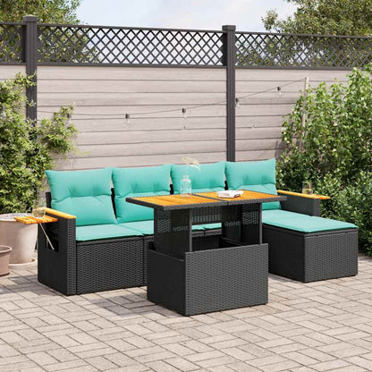 Set Divano da Giardino 6 pz con Cuscini Nero Polyrattan Acacia