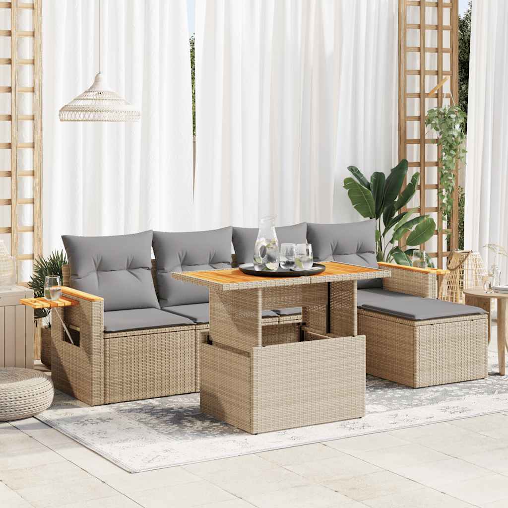 Set Divano da Giardino 6 pz con Cuscini Beige Polyrattan Acacia