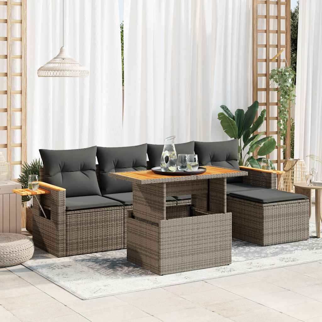 Set Divano da Giardino 6pz con Cuscini Grigio Polyrattan Acacia