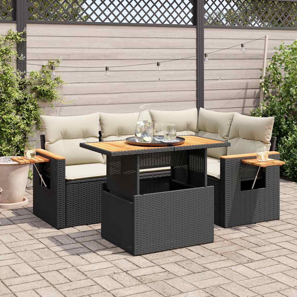 Set Divani da Giardino 5 pz con Cuscini Nero Polyrattan Acacia