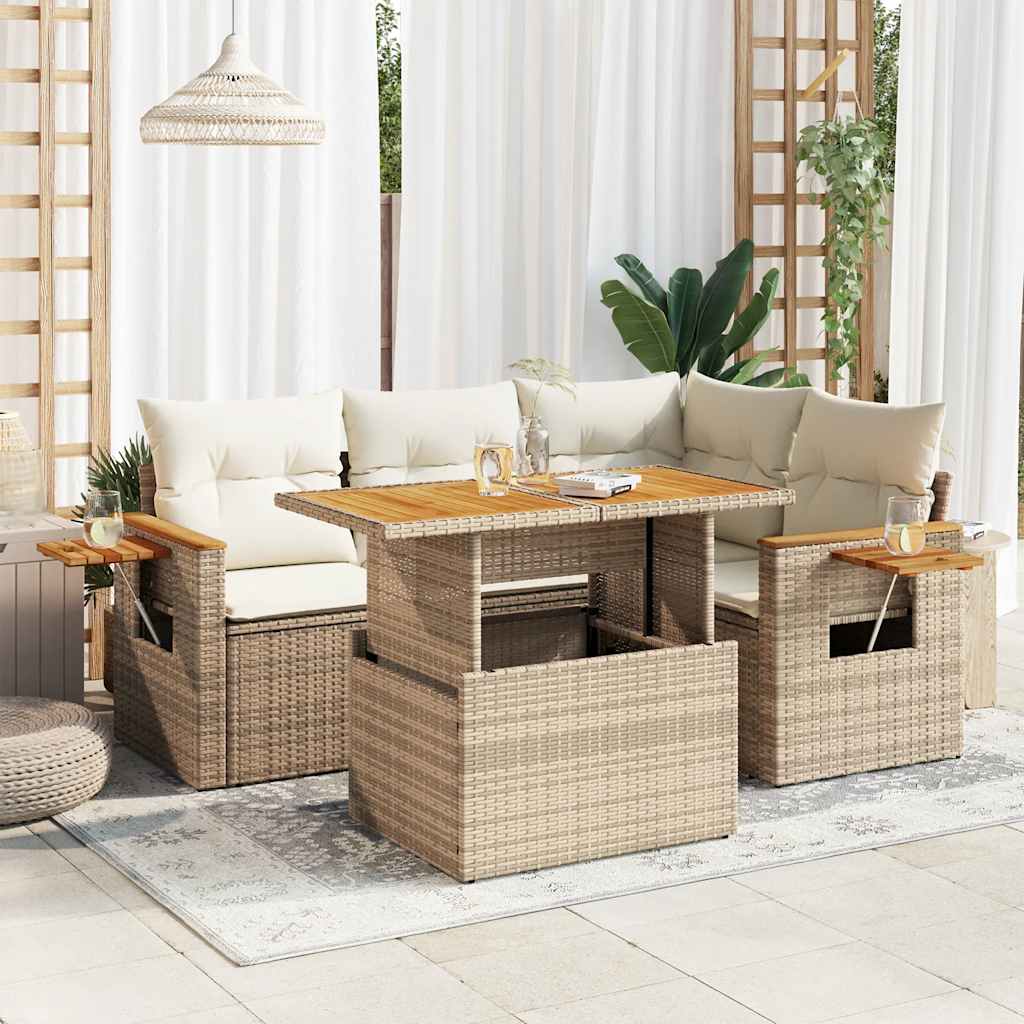 Set Divano da Giardino 5 pz con Cuscini Beige Polyrattan Acacia