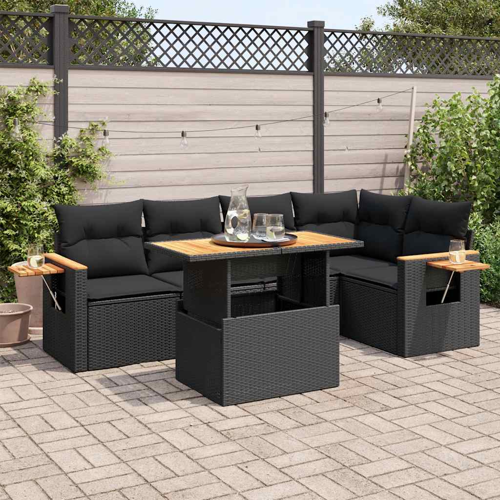 Set Divano da Giardino 6 pz con Cuscini Nero Polyrattan Acacia