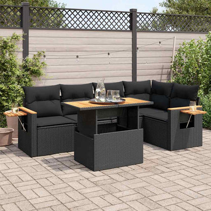 Set Divano da Giardino 6 pz con Cuscini Nero Polyrattan Acacia