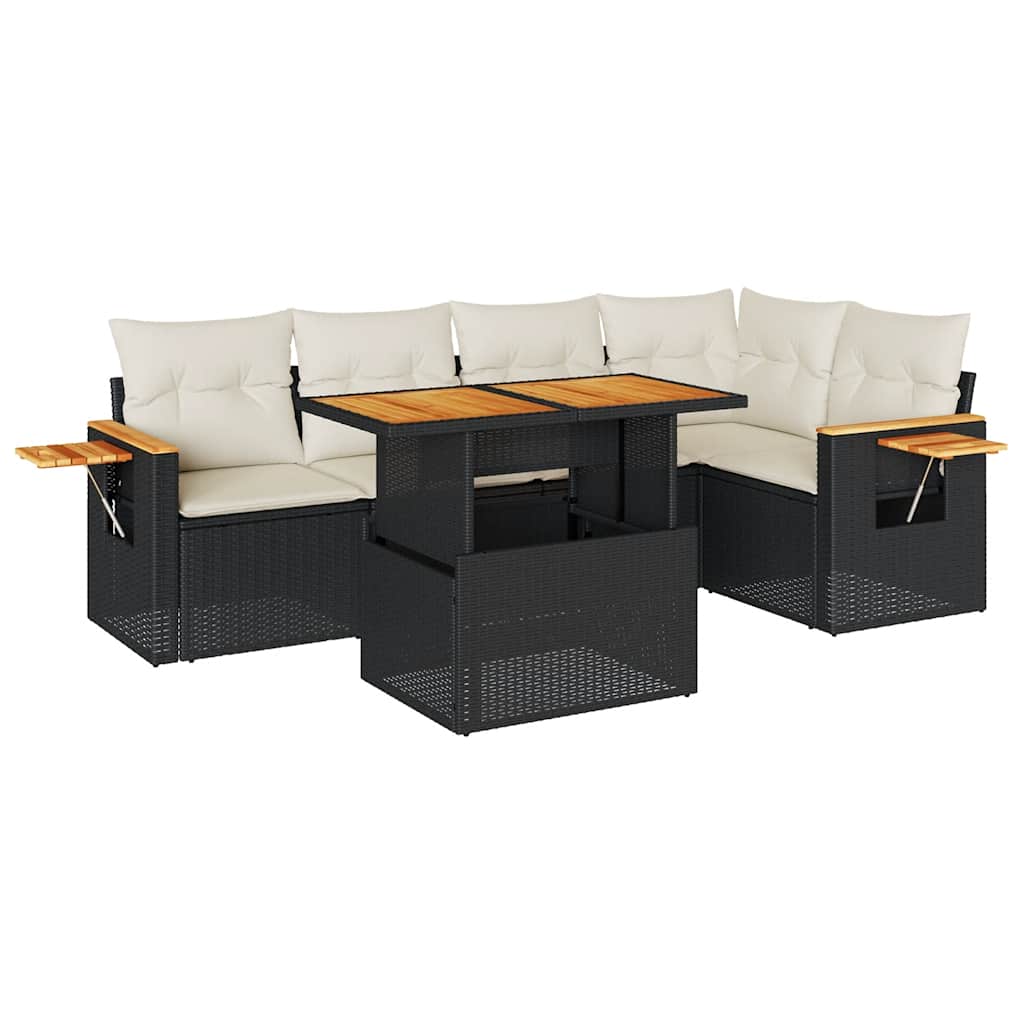 Set Divano da Giardino 6 pz con Cuscini Nero Polyrattan Acacia