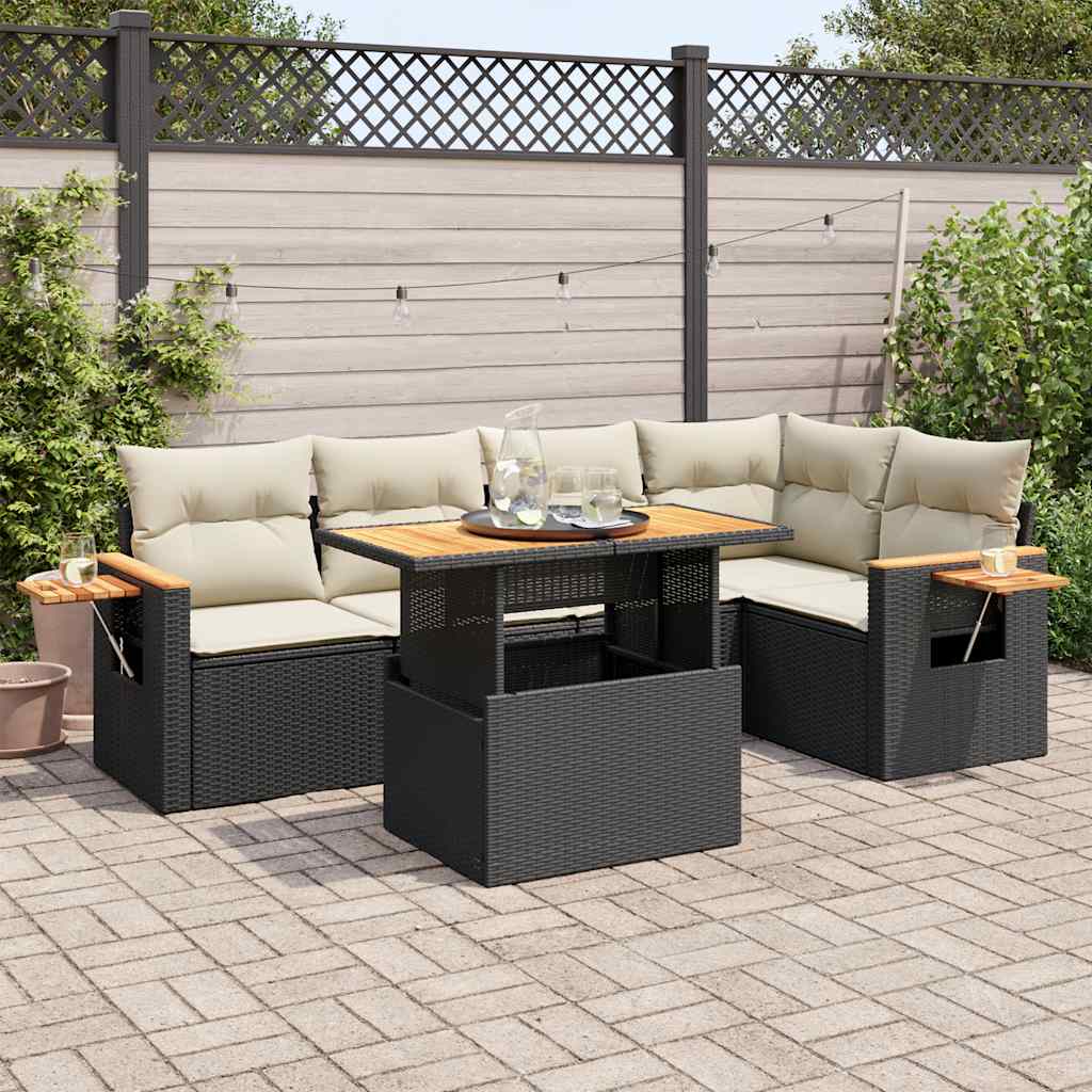 Set Divano da Giardino 6 pz con Cuscini Nero Polyrattan Acacia