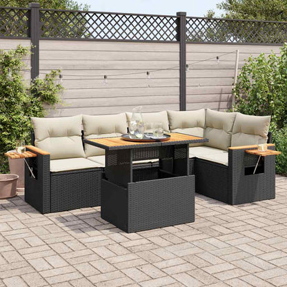 Set Divano da Giardino 6 pz con Cuscini Nero Polyrattan Acacia