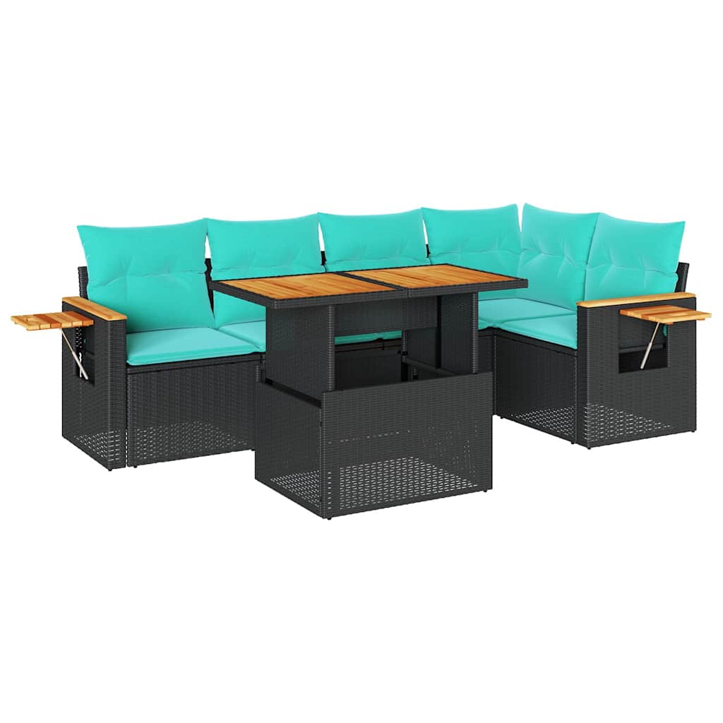 Set Divano da Giardino 6 pz con Cuscini Nero Polyrattan Acacia