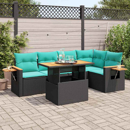 Set Divano da Giardino 6 pz con Cuscini Nero Polyrattan Acacia
