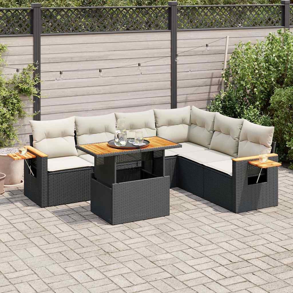 Set Divani da Giardino con Cuscini 7pz Nero Polyrattan Acacia