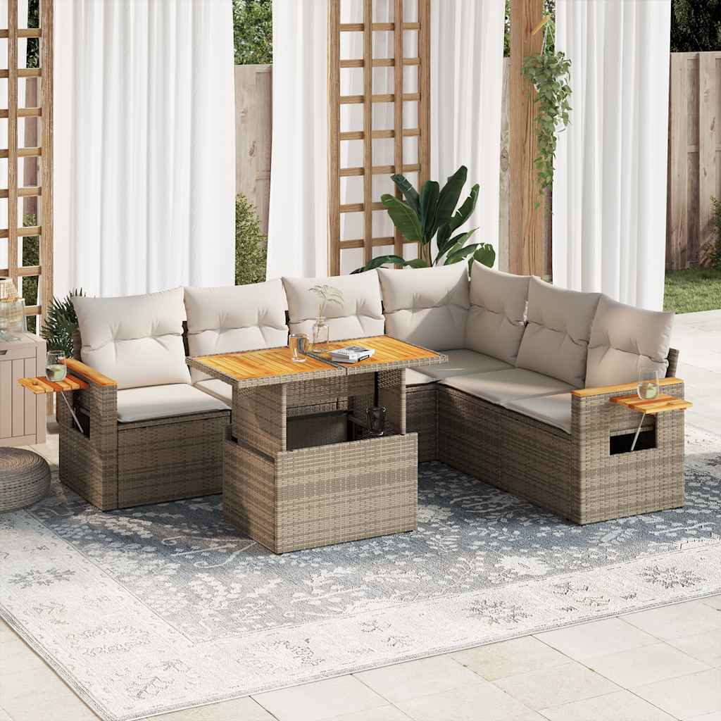Set Divani da Giardino 7 pz con Cuscini Beige Polyrattan Acacia