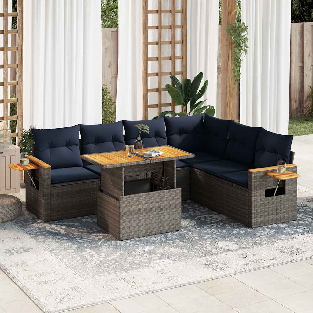 Set Divani da Giardino 7pz con Cuscini Grigio Polyrattan Acacia