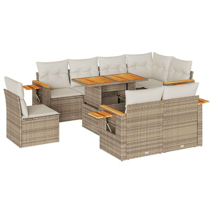 Set Divano da Giardino 9 pz con Cuscini Beige Polyrattan Acacia