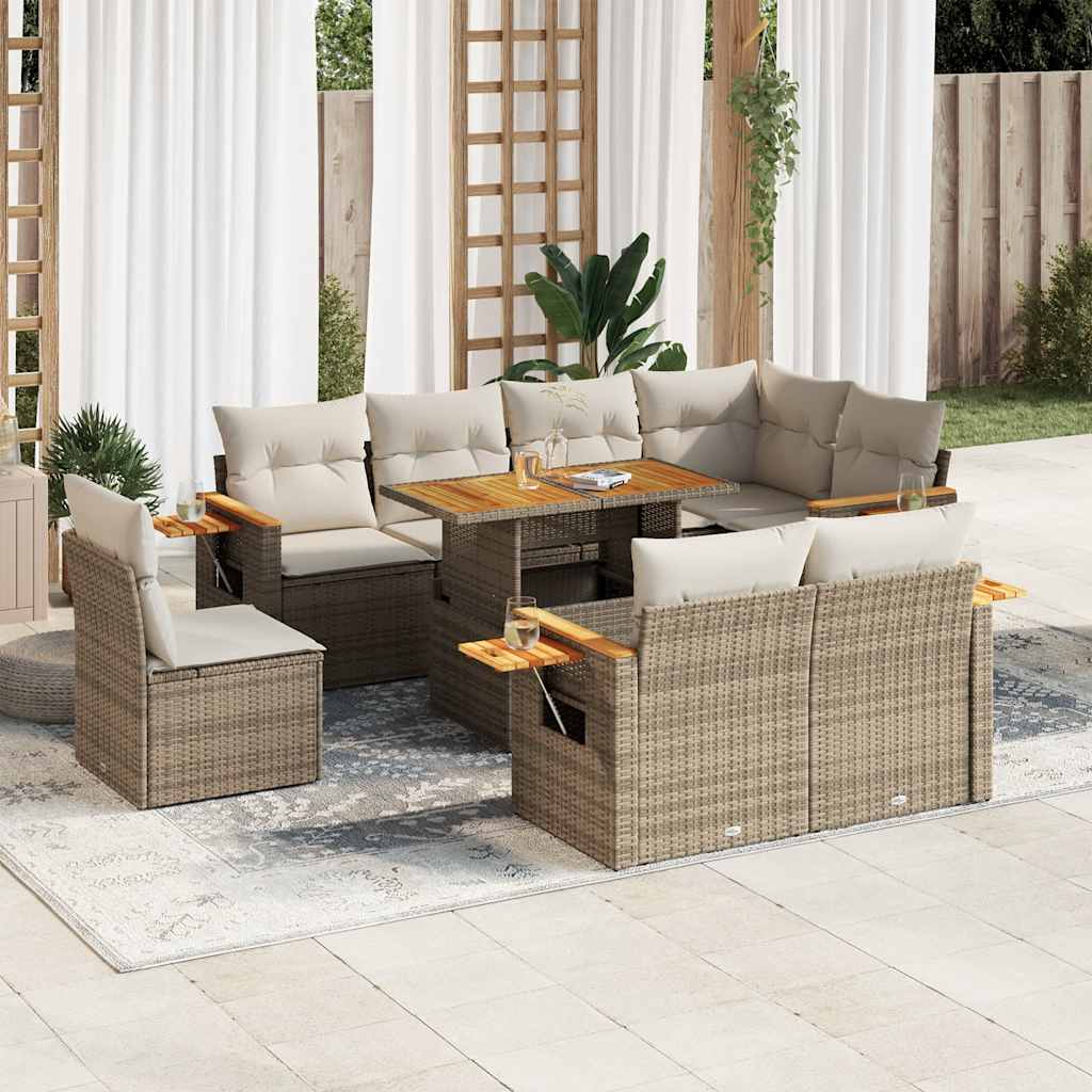 Set Divano da Giardino 9 pz con Cuscini Beige Polyrattan Acacia