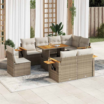 Set Divano da Giardino 9 pz con Cuscini Beige Polyrattan Acacia