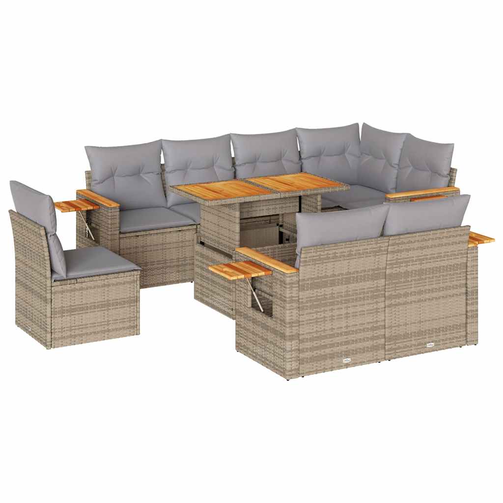 Set Divano da Giardino 9 pz con Cuscini Beige Polyrattan Acacia