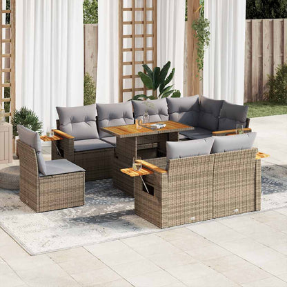 Set Divano da Giardino 9 pz con Cuscini Beige Polyrattan Acacia
