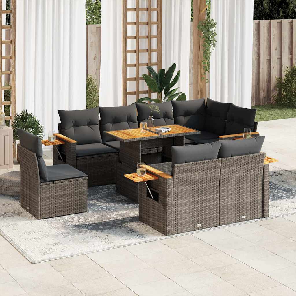 Set Divano da Giardino 9pz con Cuscini Grigio Polyrattan Acacia