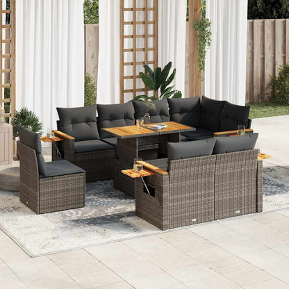 Set Divano da Giardino 9pz con Cuscini Grigio Polyrattan Acacia