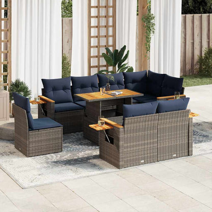 Set Divano da Giardino 9pz con Cuscini Grigio Polyrattan Acacia