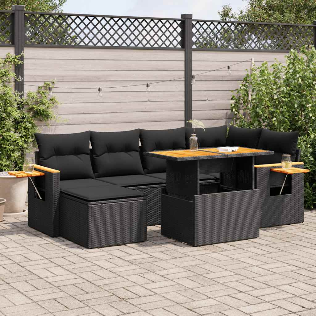 Set Divani da Giardino con Cuscini 7pz Nero Polyrattan Acacia