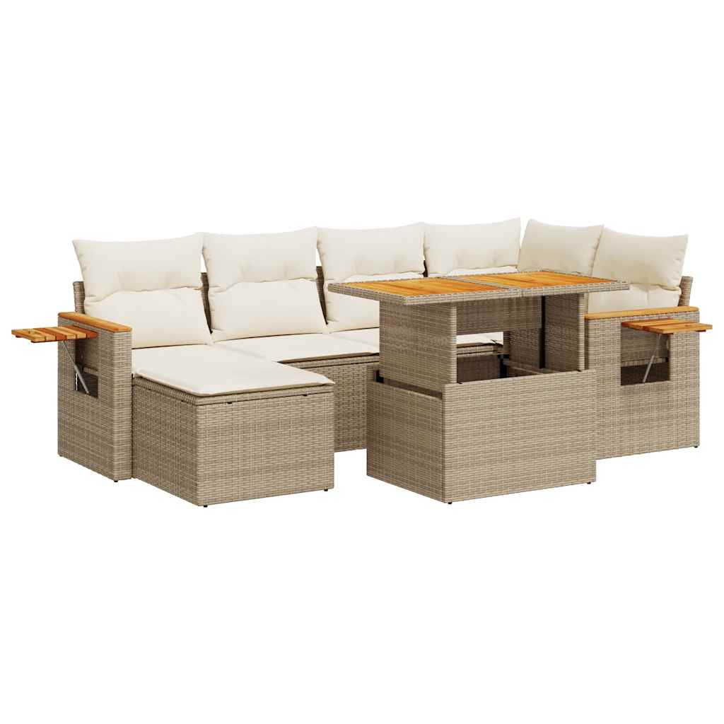 Set Divani da Giardino 7 pz con Cuscini Beige Polyrattan Acacia
