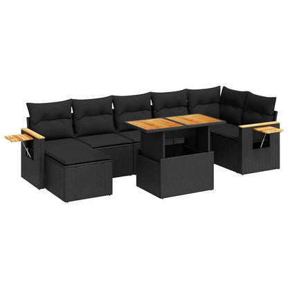Set Divani da Giardino con Cuscini 8 pz Nero Polyrattan Acacia