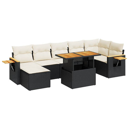 Set Divani da Giardino con Cuscini 8 pz Nero Polyrattan Acacia