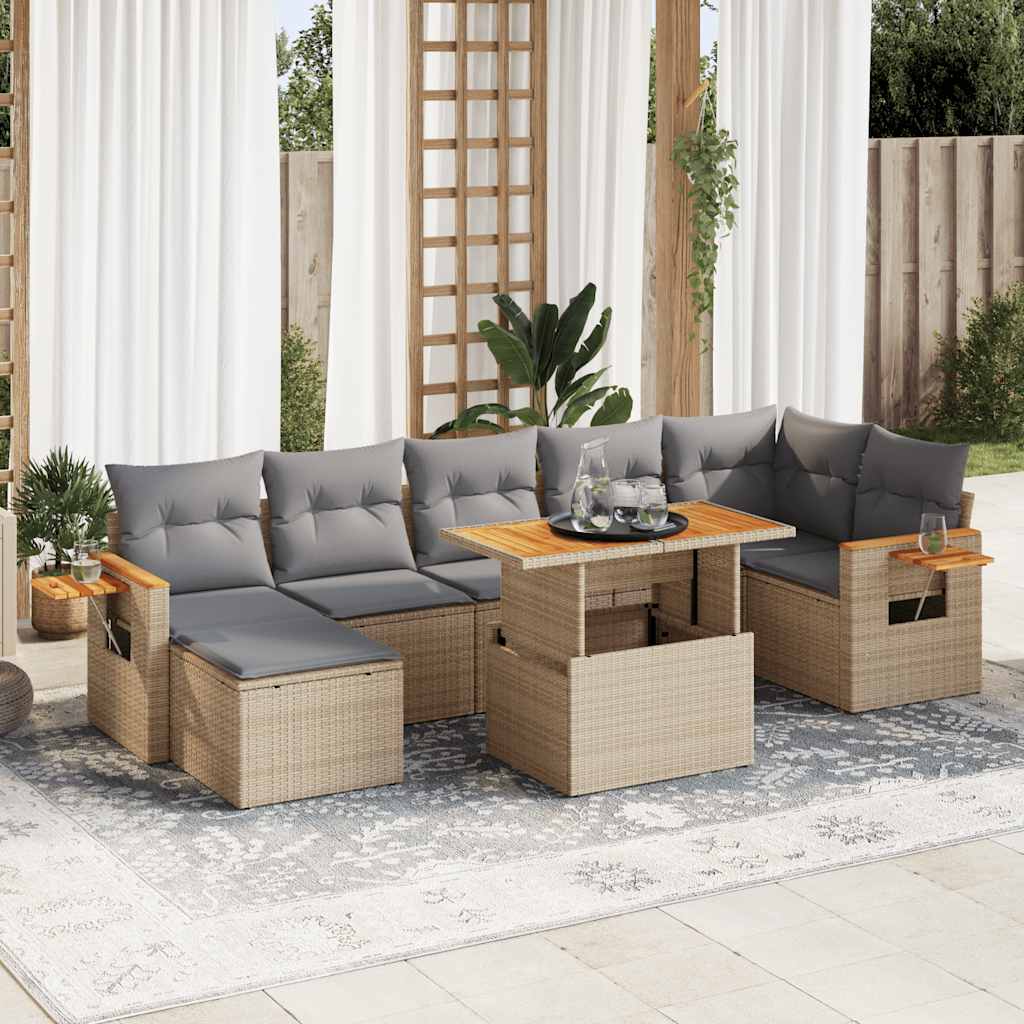 Set Divano da Giardino 8 pz con Cuscini Beige Polyrattan Acacia