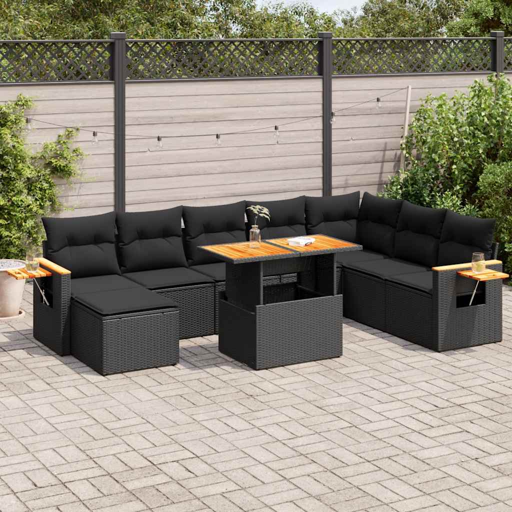 Set Divani da Giardino 9 pz con Cuscini Nero Polyrattan Acacia