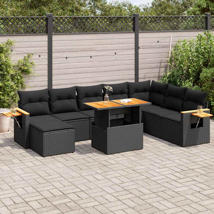Set Divani da Giardino 9 pz con Cuscini Nero Polyrattan Acacia