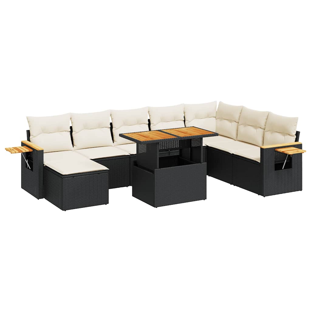 Set Divani da Giardino 9 pz con Cuscini Nero Polyrattan Acacia