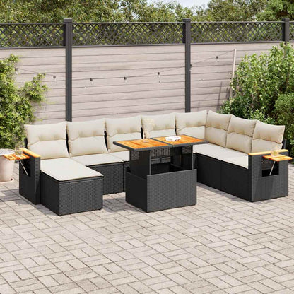 Set Divani da Giardino 9 pz con Cuscini Nero Polyrattan Acacia