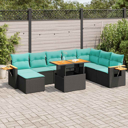Set Divani Giardino 10pz con Cuscini Nero in Polyrattan Acacia