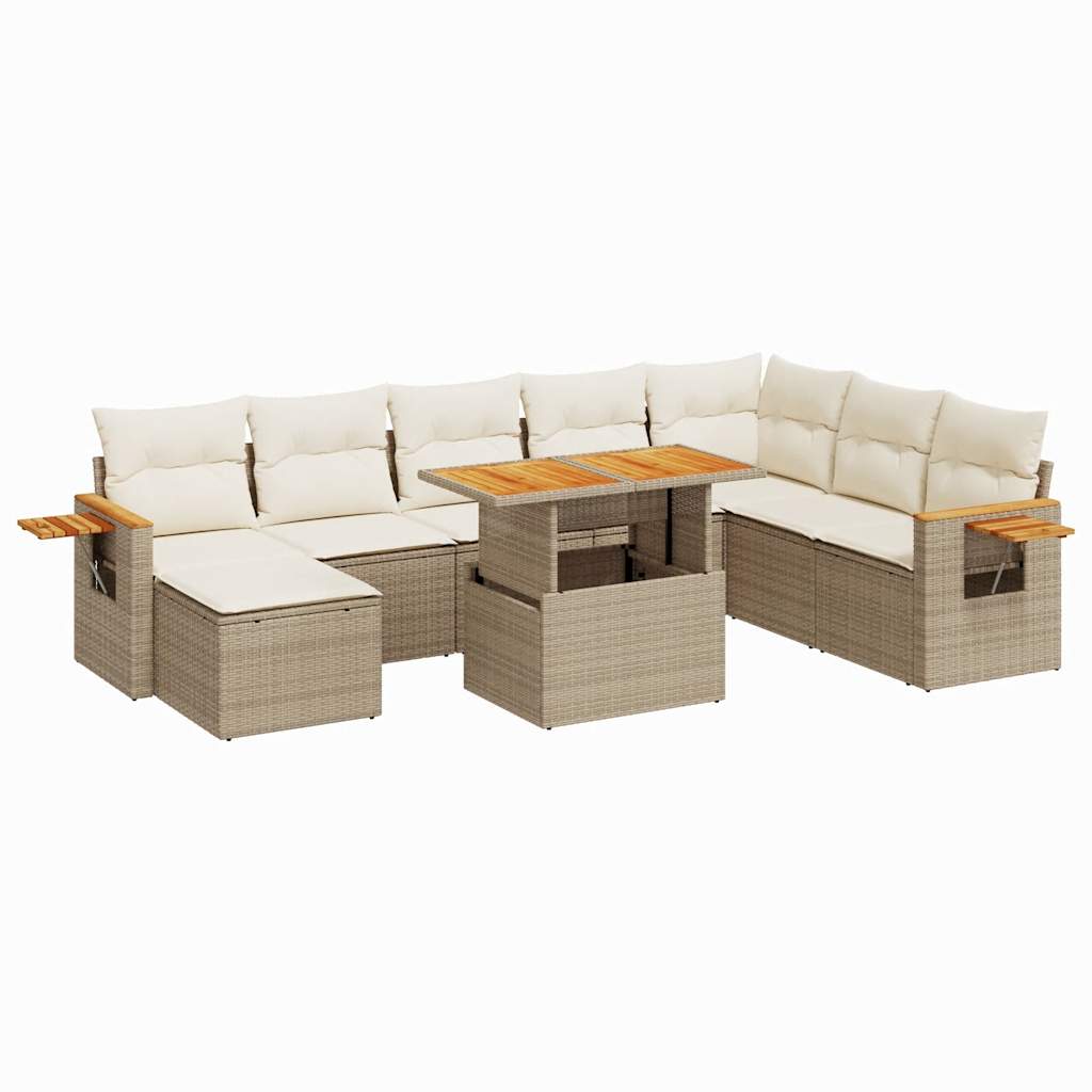 Set Divano da Giardino 9 pz con Cuscini Beige Polyrattan Acacia
