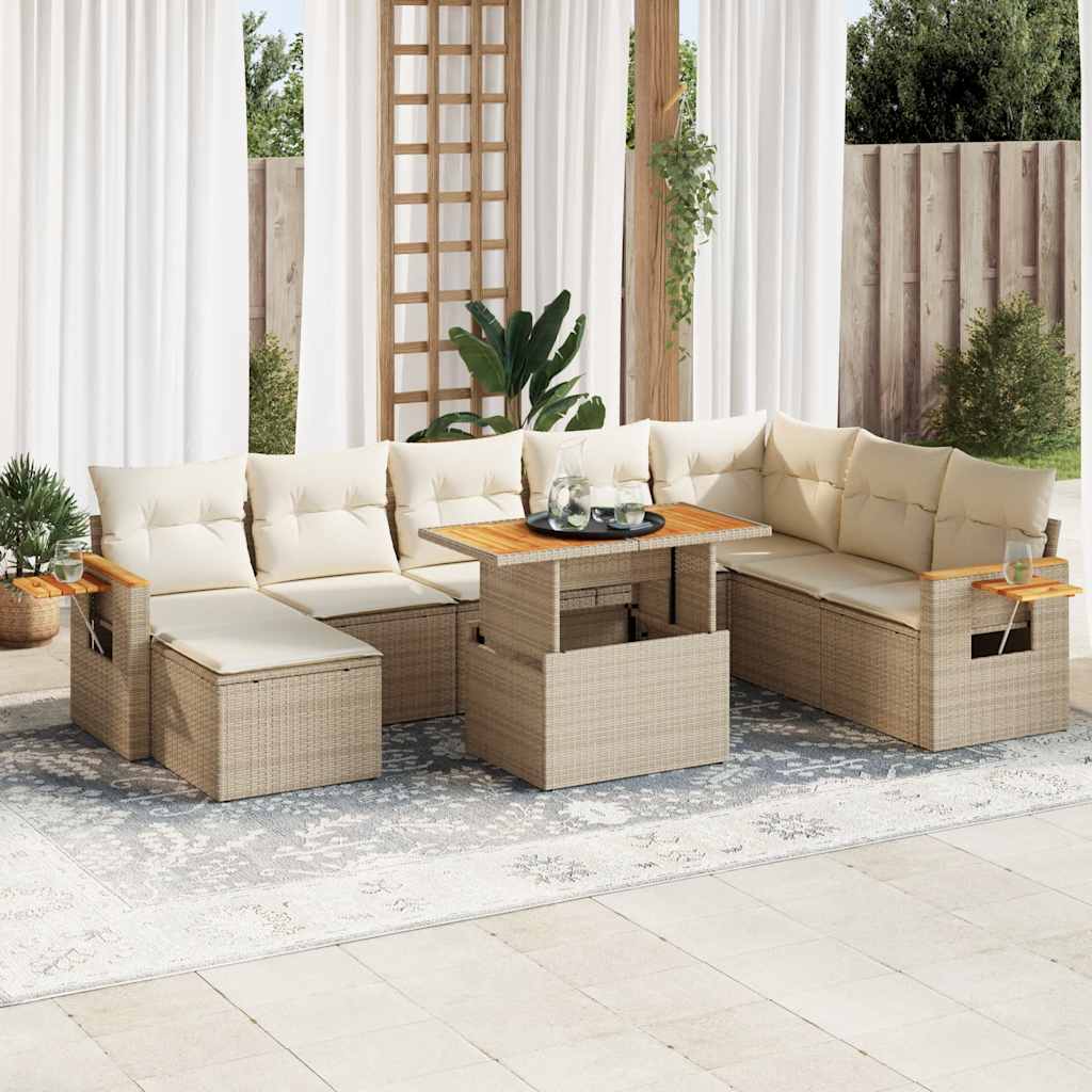 Set Divano da Giardino 9 pz con Cuscini Beige Polyrattan Acacia