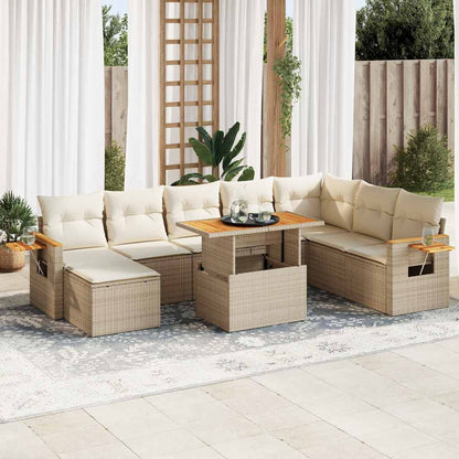 Set Divano da Giardino 9 pz con Cuscini Beige Polyrattan Acacia