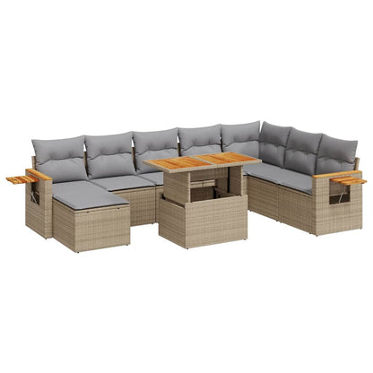Set Divano da Giardino 9 pz con Cuscini Beige Polyrattan Acacia