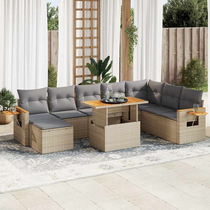 Set Divano da Giardino 9 pz con Cuscini Beige Polyrattan Acacia